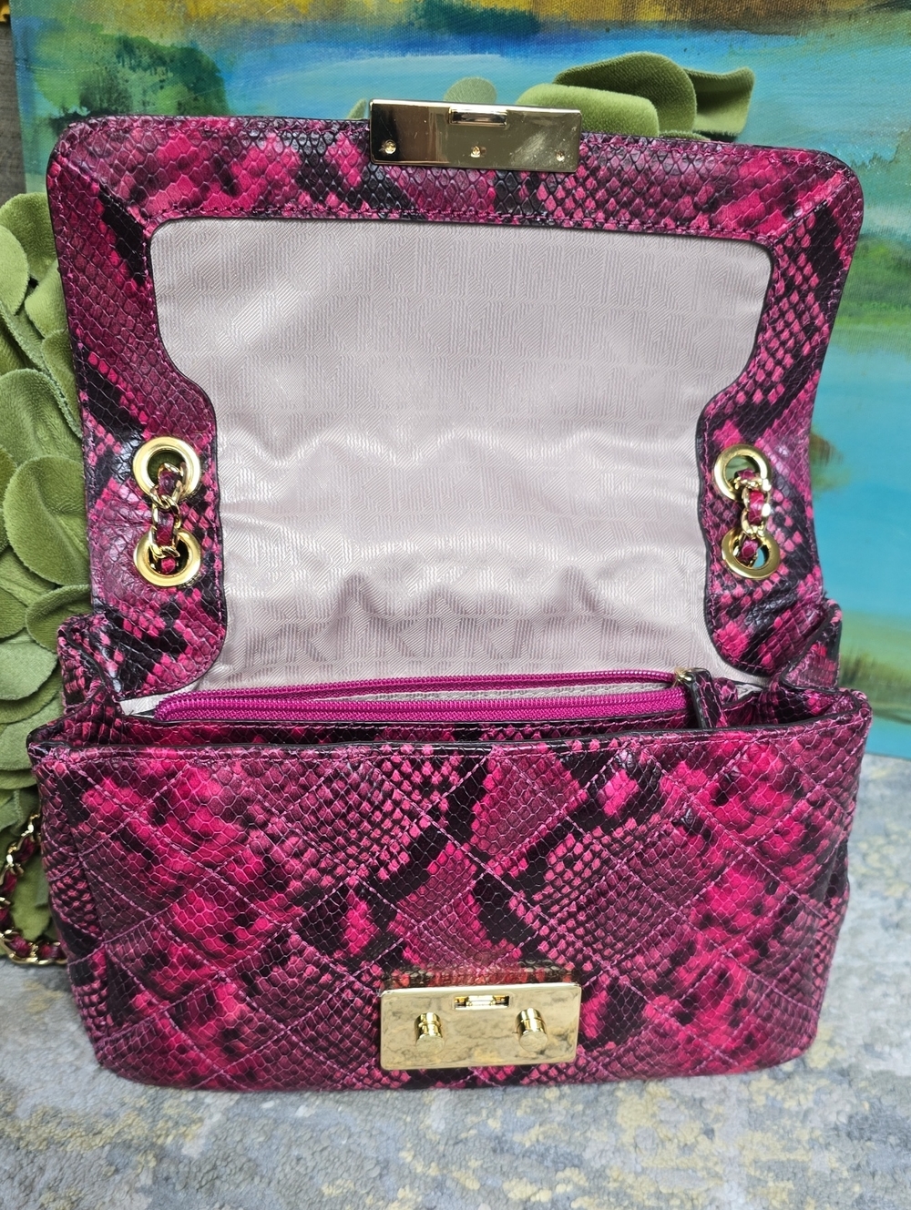 Michael Kors Sloan Fuchsia Quilted Snake Print Leather Chain Shoulder Bag - Picture 5 of 17